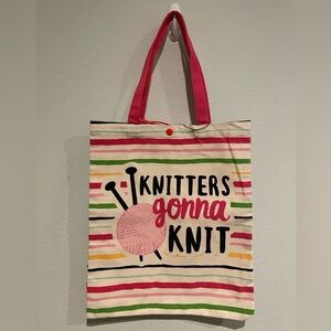 Canvas tote.  Fun strips with snap closure “Knitters gonna Knit”